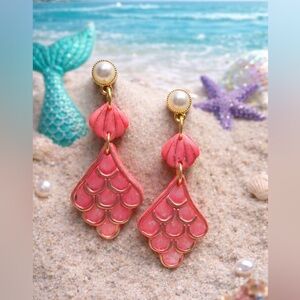 Coral Pink Mermaid Scale Drop Handmade Polymer Clay Earrings